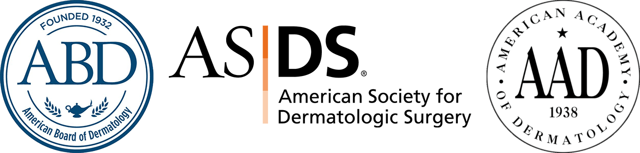 Logos for Dermatology Organizations our practice is affiliated with: AAD ASDS and ABD